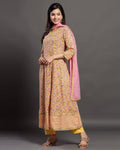 Yellow Color Jaipuri Cotton Printed Anarkali Kurta with Pant and Dupatta