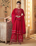 Red Colored Partywear Embroidered Muslin Palazzo Suit with  Digital Printed Dupatta