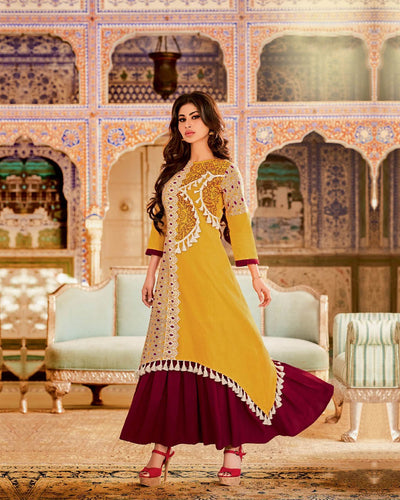 Gleaming Yellow-Maroon Colored Partywear Embroidered Long Kurti