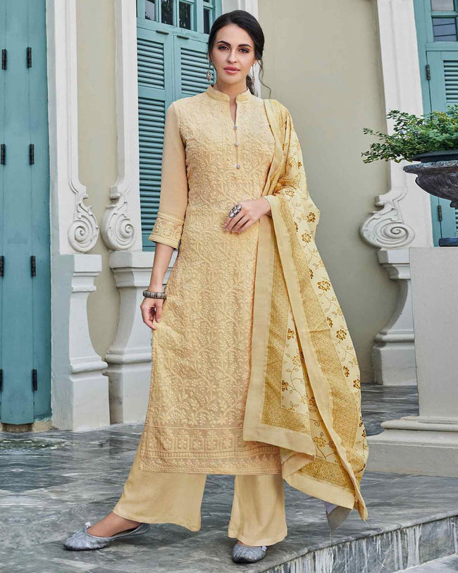 Beige Colored Partywear Embroidered Palazzo Suit with Printed Dupatta