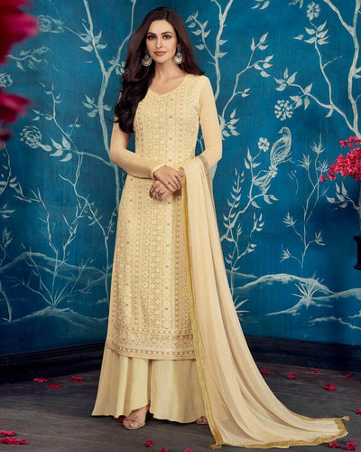 Light Yellow Colored Partywear Embroidered Georgette Palazzo Suit with Dupatta