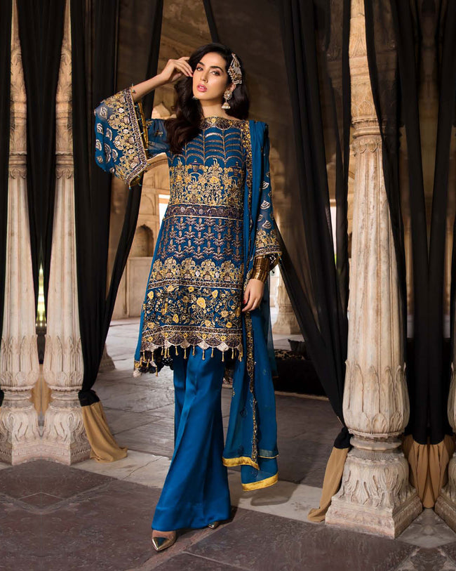 pakistani dresses in navy blue colour Navy Blue Maxi Dress Set | Pakistani 3-piece Net Embroidered Suit | Eid & Wedding Guest Outfit | Luxury Desi Dress for Women