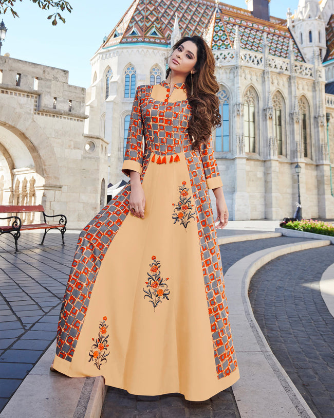 Yellow and Orange Color Rayon Anarkali Style Long Printed Kurti –  fashionnaari
