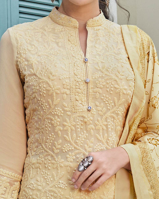 Beige Colored Partywear Embroidered Palazzo Suit with Printed Dupatta