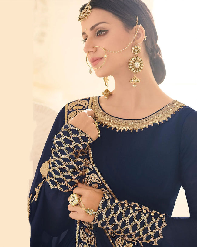 Navy Blue Color Semi-Stitched PartyWear Silk Anarkali Suit fashionnaari Navy Blue Color Semi-Stitched PartyWear Silk Anarkali Suit fashionnaari