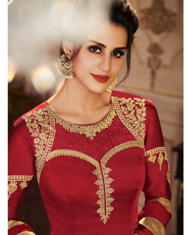 Red Color Party Wear Georgette With  Embroidery Work Lehenga Style Suit