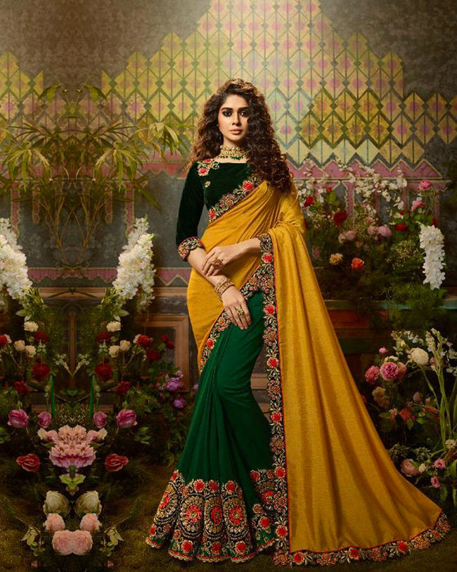 Dark Green and Yellow Color Fancy Embroidery Work Heavy Festive Wear Saree