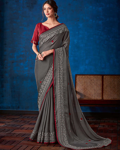 Gray-Maroon Color Fancy Georgette With Lace Border Saree