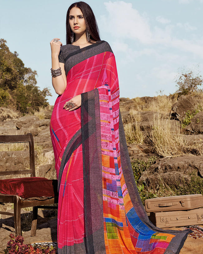 Magenta Pink and Gray Color Casual Wear Georgette Printed Saree