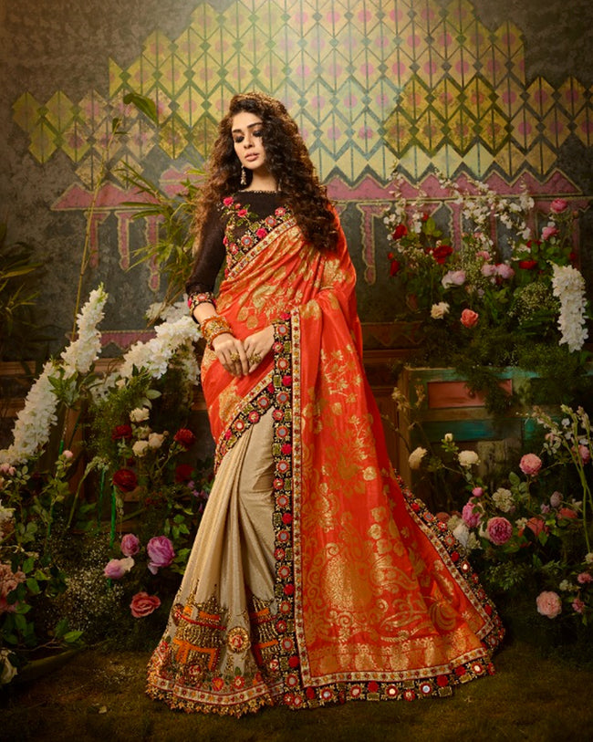 Orange and Beige Color Heavy Embroidery Work Banarasi Style Saree