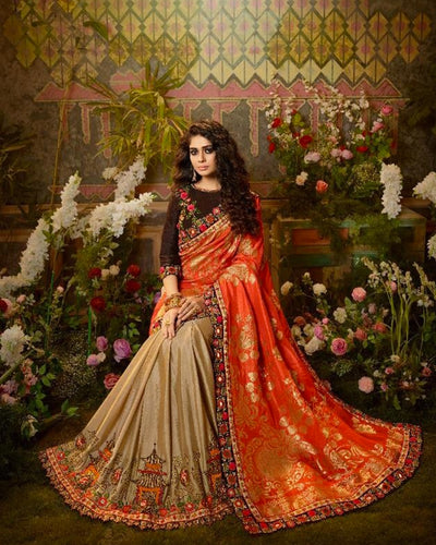 Orange and Beige Color Heavy Embroidery Work Banarasi Style Saree
