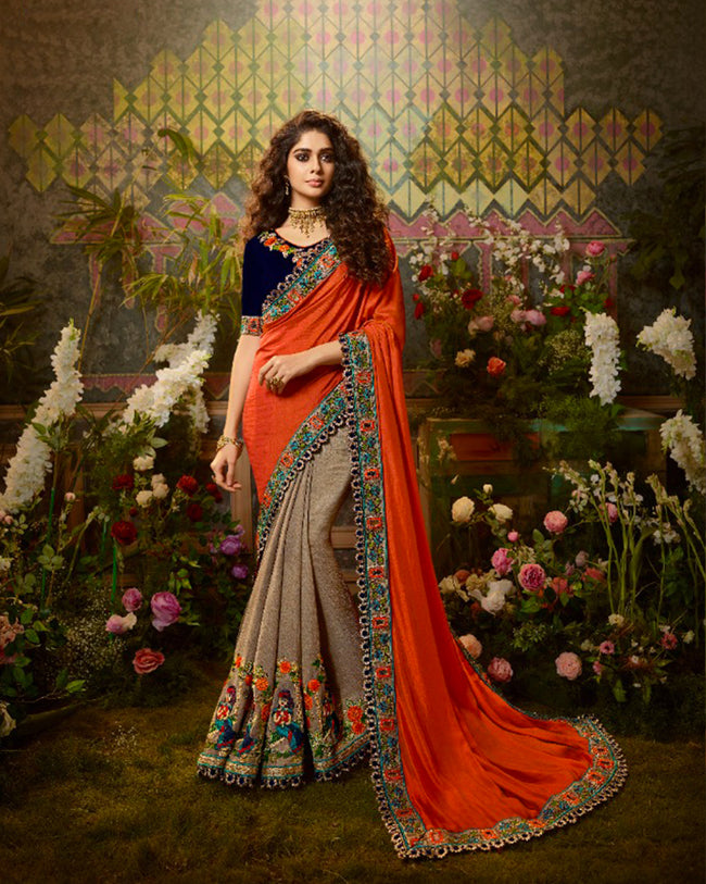 Beige and Orange Color Fancy Embroidery Work Heavy Party Wear Saree