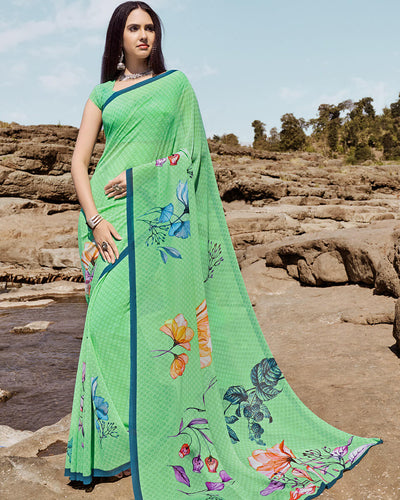 Parrot Green Color Casual Wear Georgette Printed Saree
