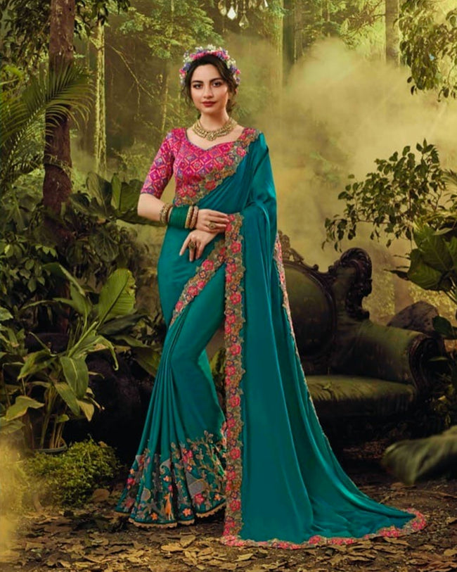 Teal Blue and Pink  Color Fancy Embroidery Work Heavy Bridal Wear Saree