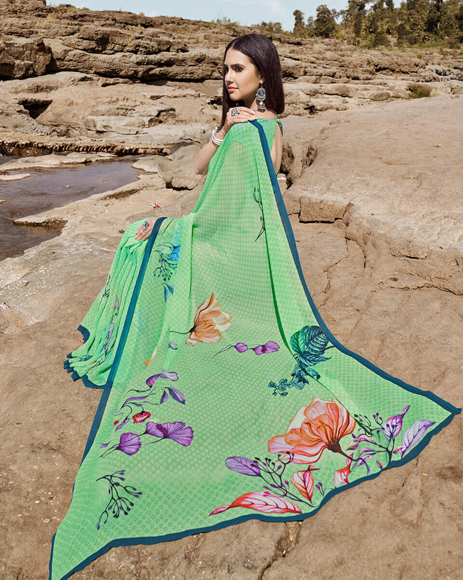 Parrot Green Color Casual Wear Georgette Printed Saree