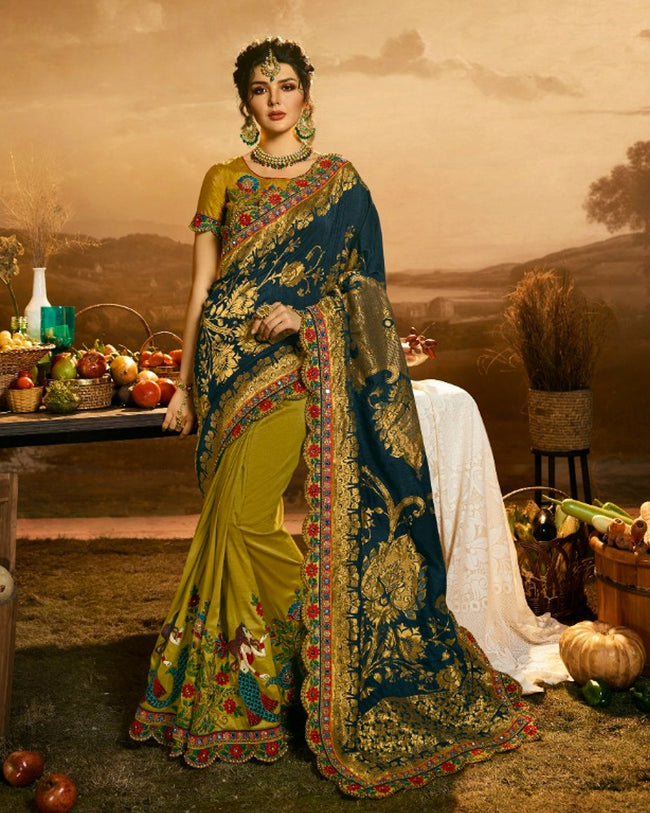 Green Color Fancy Embroidery Work Heavy Wedding Wear Saree
