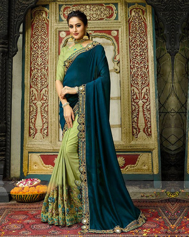 Green and Blue Color Fancy Embroidery Work Festive Wear Heavy Saree