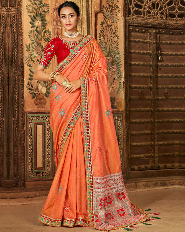 Orange Color Banarasi Silk Patch Border Classic Designer Saree
