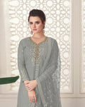 Gray Colored Wedding Wear Semi Stitched Sharara Suit
