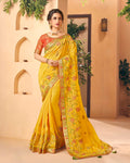 Yellow and Orange Color Wedding Wear Pure Dola Silk Embroidery Work Saree