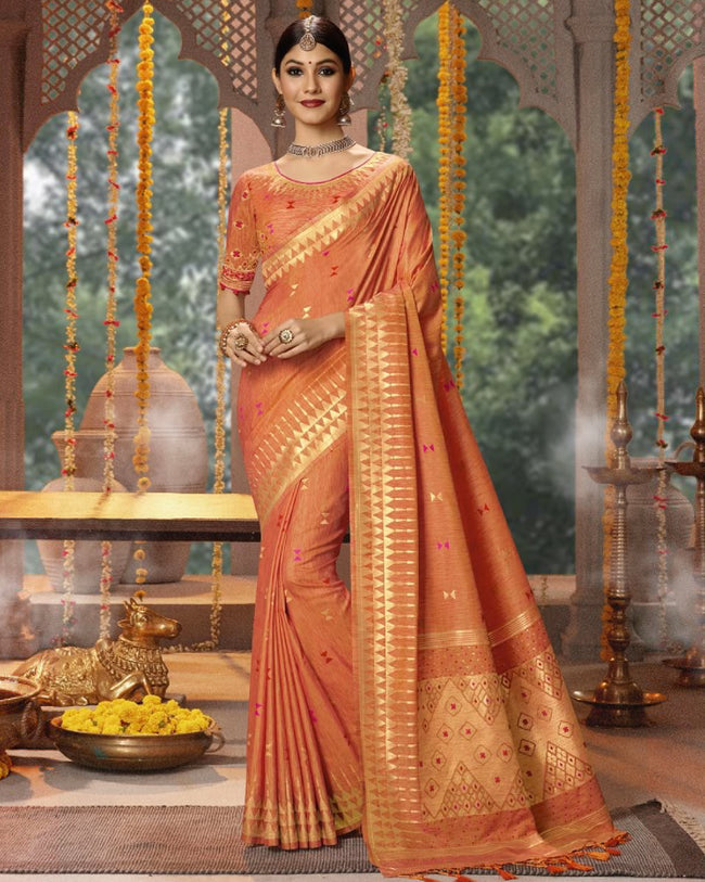 Orange Color Festive Wear Blended Cotton Jacquard Banarasi Silk Saree
