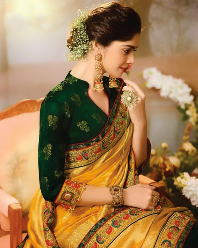 Yellow and Green Color Heavy Embroidery Work Banarasi Style Saree