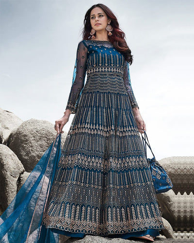 Blue Color Bridal Wear Net Semi Stitched Anarkali Gown Dress