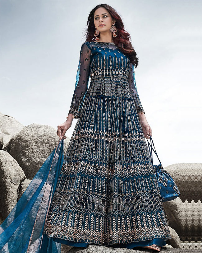 Light Blue Color Wedding Wear Net Semi Stitched Anarkali Suit – fashionnaari