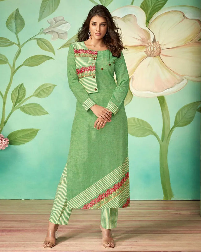 Green Color Casual Wear Cotton Silk Pant Style Suits