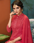 Pure Red Colored Georgette Embroidered Palazzo Suit With Dupatta