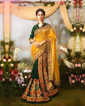 Yellow and Green Color Heavy Embroidery Work Banarasi Style Saree