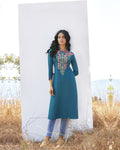 Blue Colored Casual Wear Rayon Embroidered Work Kurtis