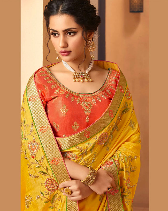 Yellow and Orange Color Wedding Wear Pure Dola Silk Embroidery Work Saree