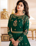 Dark Green Color Wedding Wear Silk Semi Stitched Embroidery Anarkali Gown