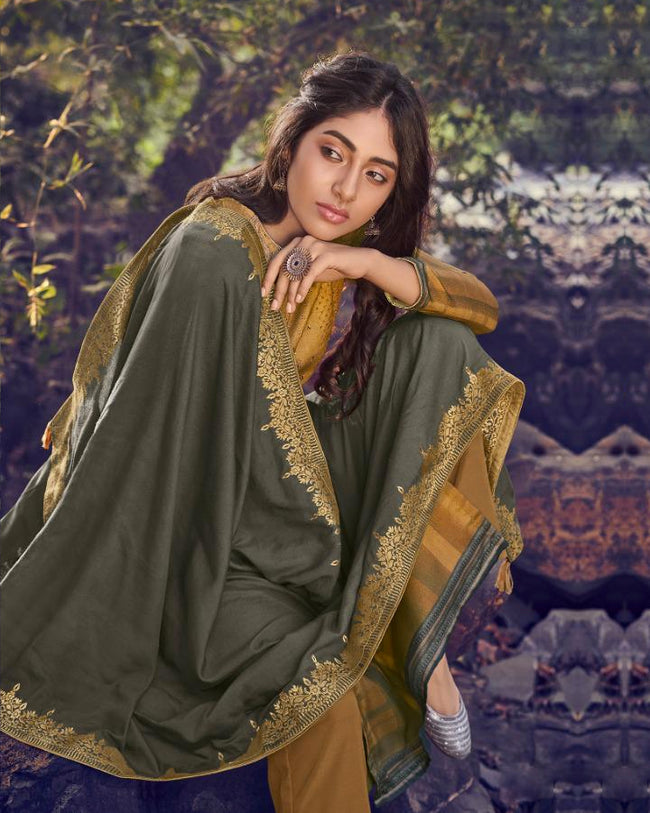 Mustard Yellow Color Digital Printed Pashmina Unstitched Winter Pakistani Suit