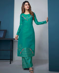Teal Green Color Party Wear Silk Palazzo Style Suits