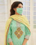 Sea Green- Yellow Color Cotton Printed Palazzo Suit With Dupatta