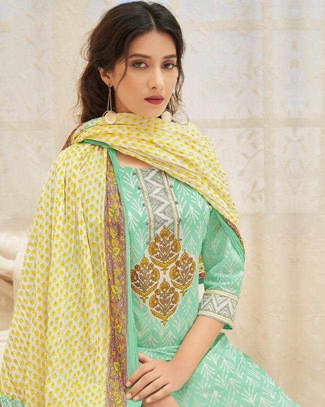 Sea Green- Yellow Color Cotton Printed Palazzo Suit With Dupatta