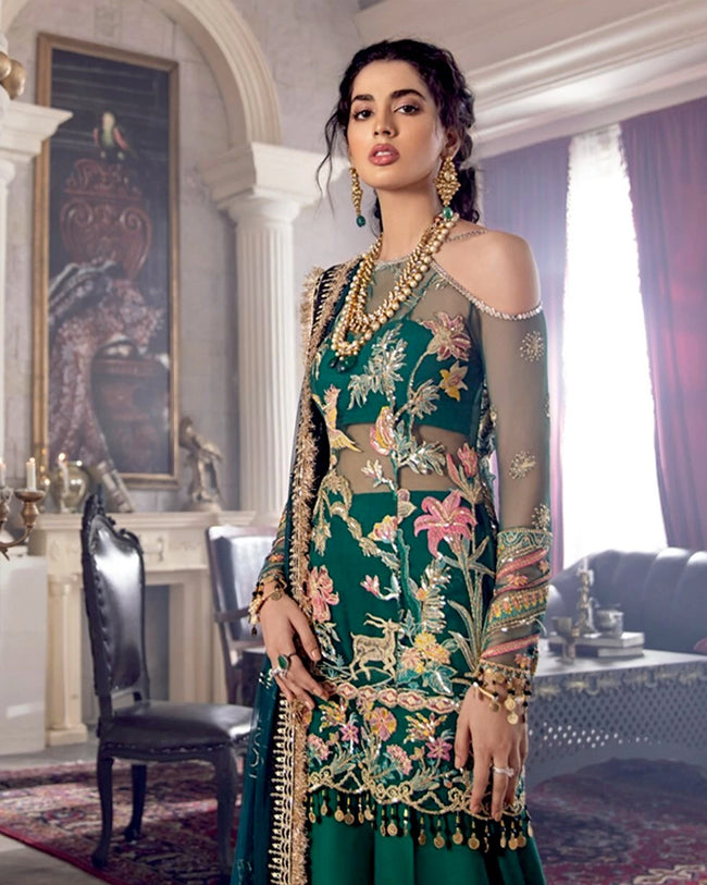 Dark Green Color Crimson Bridal Wear Unstitched Pakistani Sharara Suit