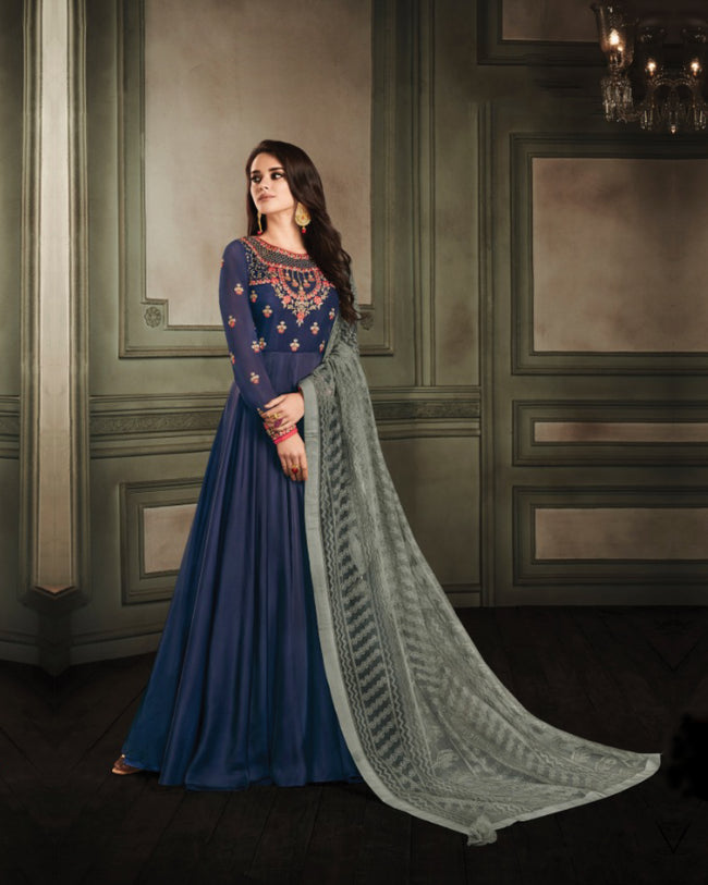 Navy Blue Colored Partywear Embroidered Georgette Satin Anarkali Suit With Net Dupatta