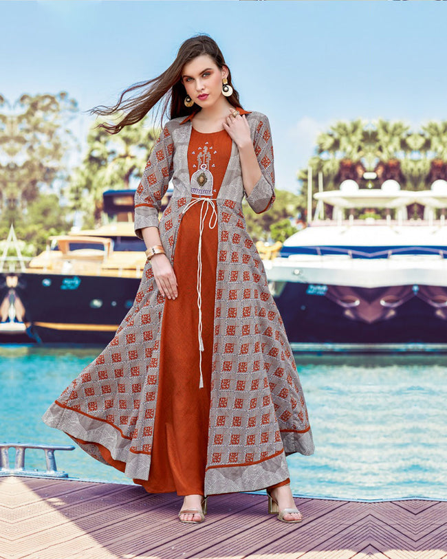Ideal Orange Color Designer Party Wear Rayon Kurti