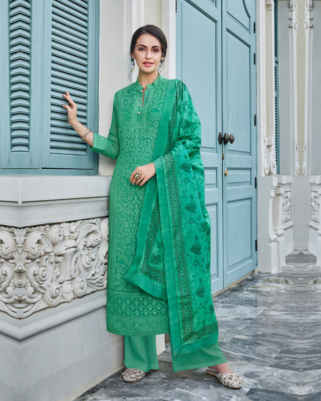 Green Colored Partywear Embroidered Palazzo Suit with Printed Dupatta