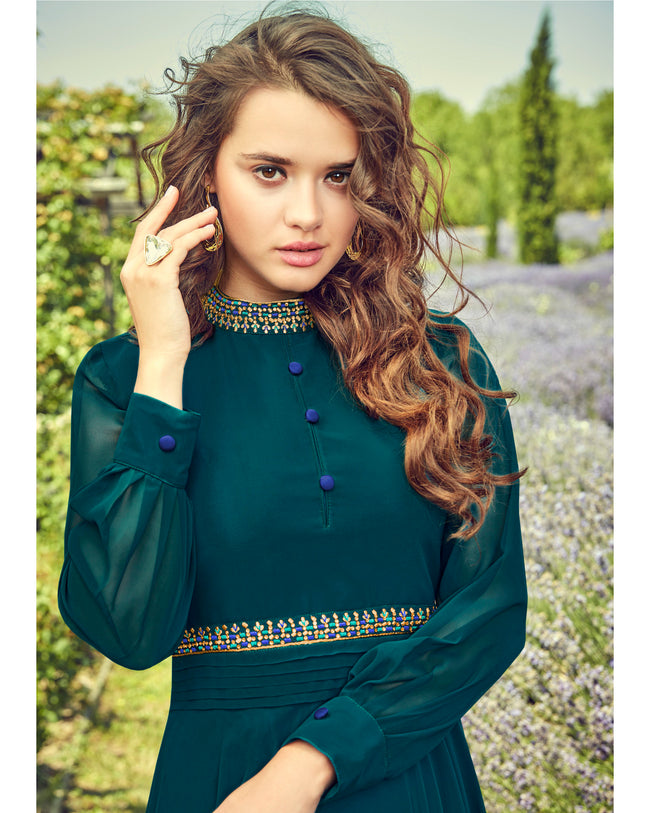 Teal Blue Colored Partywear Embroidered Georgette Kurti