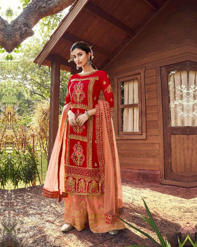 Buy Beautiful Red Sequins Work Georgette Wedding Wear Sharara Suit - Zeel  Clothing
