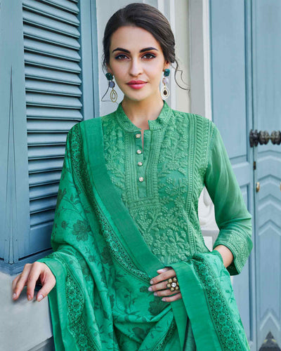 Green Colored Partywear Embroidered Palazzo Suit with Printed Dupatta