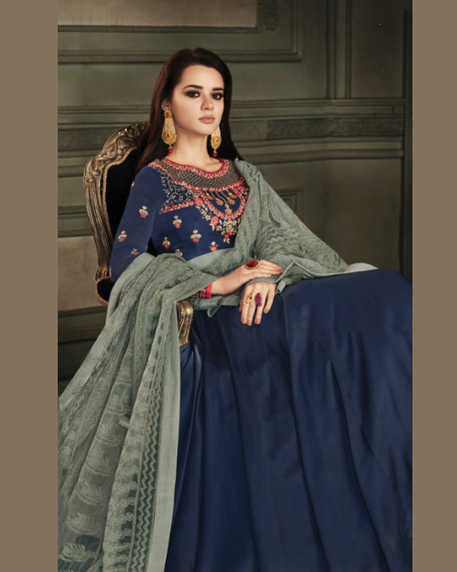 Navy Blue Colored Partywear Embroidered Georgette Satin Anarkali Suit With Net Dupatta