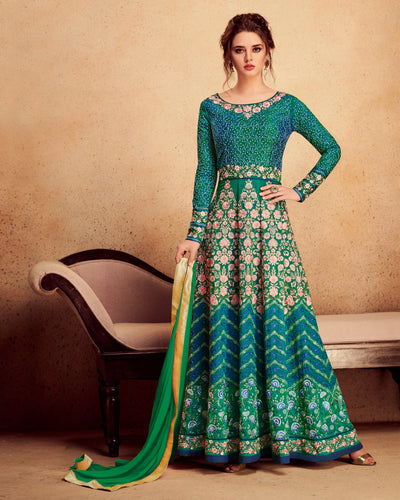 Teal Green and Blue Colored Partywear Embroidered Silk & Net Semi-Stitched Anarkali Suit