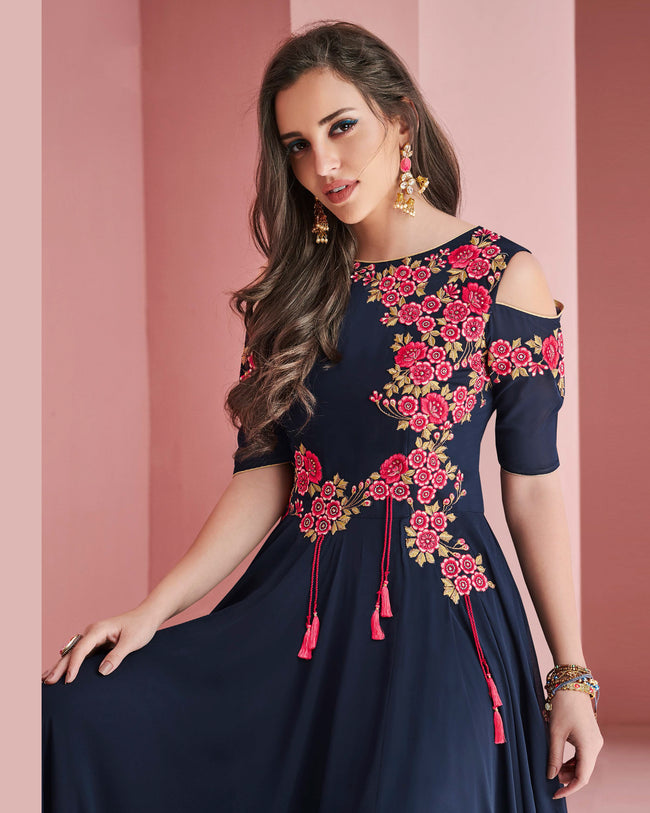 Navy Blue Colored Partywear Embroidered Faux Georgette Gown