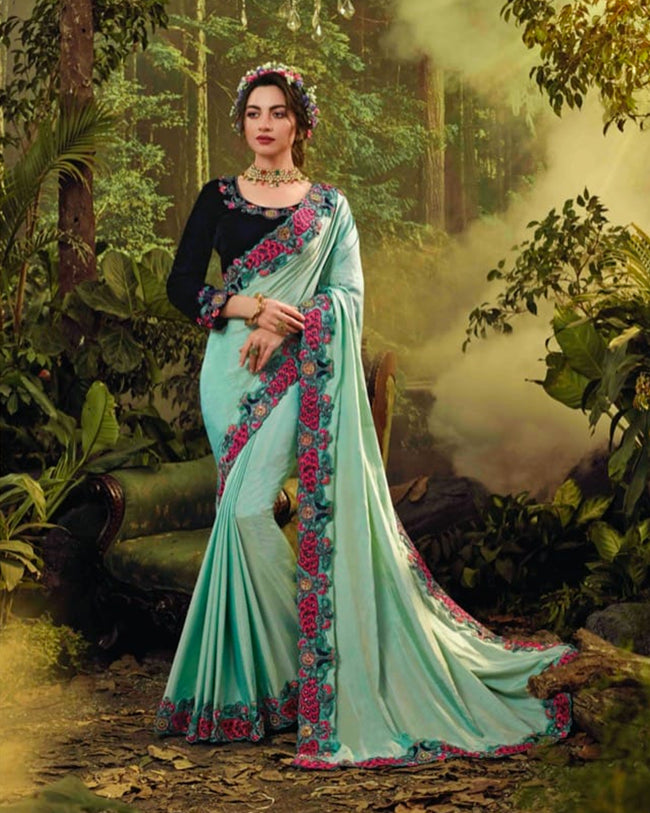 Sea Green and Black Color Fancy Embroidery Work Heavy Saree