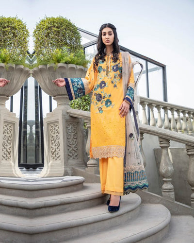 Lemon Yellow Color Unstitched Cotton Lawn Pakistani Salwar Kameez Suit
